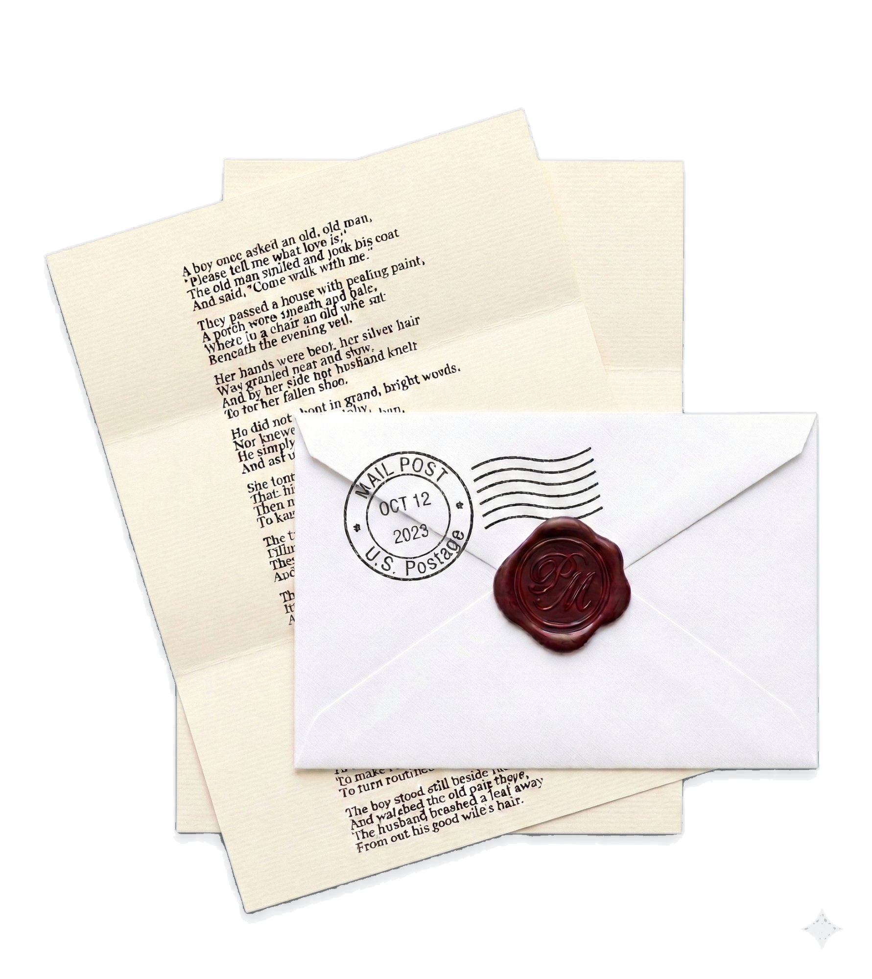 Sealed envelope with burgundy PM wax seal resting on top of two pages of poetry