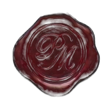 Burgundy wax seal with PM monogram
